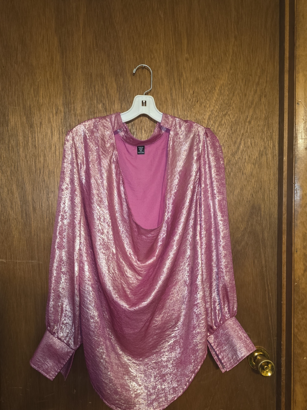 SHEIN Shimmer Pink Draped Metallic Blouse